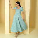 Slub Cotton Flared Dress for Women | Floral Print | Sea Green