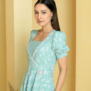 Slub Cotton Flared Dress for Women | Floral Print | Sea Green