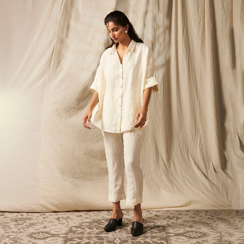 Linen White Co-Ord Set For Women | Oversized Flared Shirt & Pants