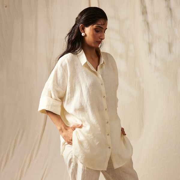Linen White Co-Ord Set For Women | Oversized Flared Shirt & Pants
