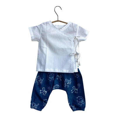 Organic Cotton Top and Pants Set for Baby Girl | Angrakha Style | Blue & White