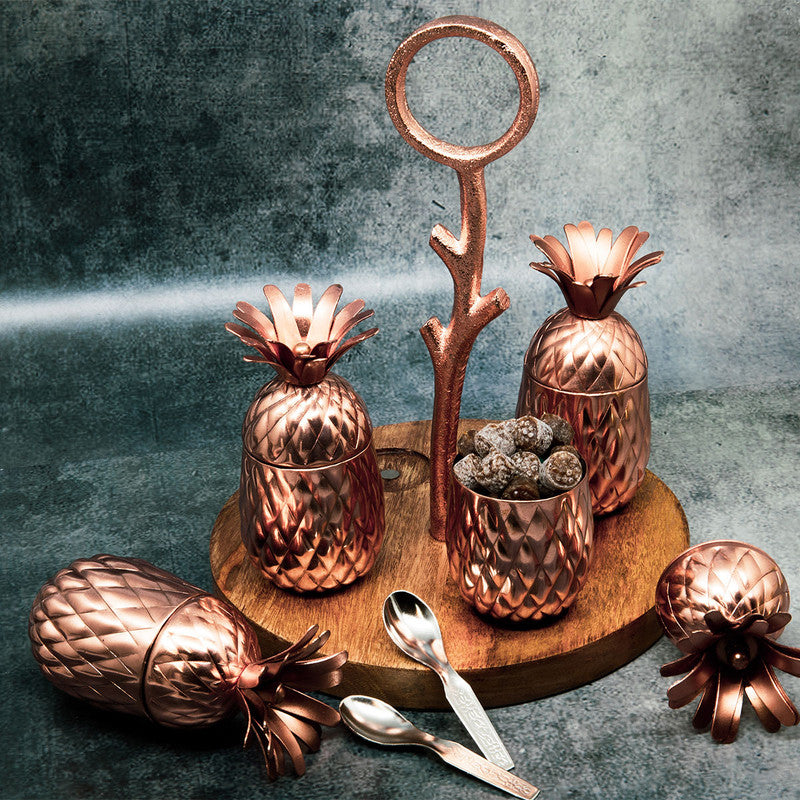 Copper Finish Condiment Set | Pineapple Shape | 4 Pieces