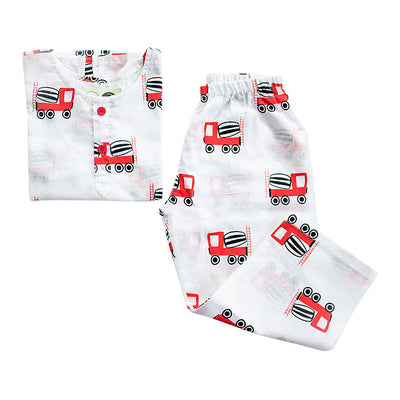 Cotton Night Suit for Kids | Cement Mixer Print | White