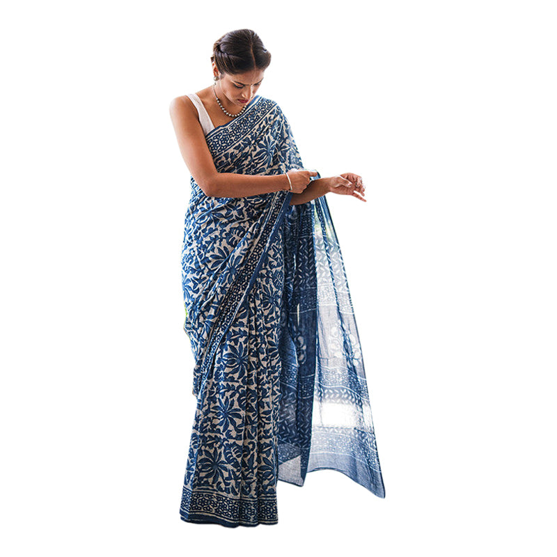 Mulmul Cotton Saree | Dabu Handblock Print | Indigo Blue