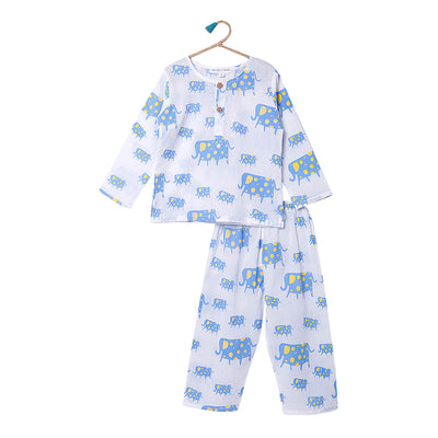 Cotton Night Suit for Kids | Pajama Set | Elephant Print | Light Blue