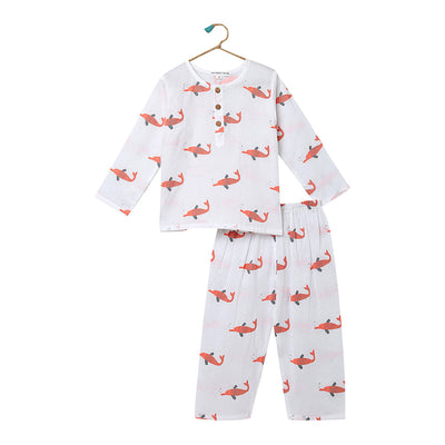 Cotton Night Suit for Kids | Pajama Set | Dolphin Print | Peachy Pink