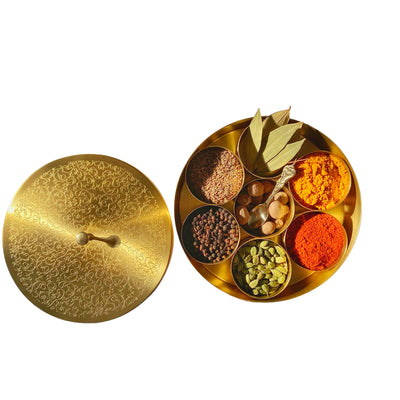 Brass Spice Box | Floral Design | 7 Containers | 8 inches