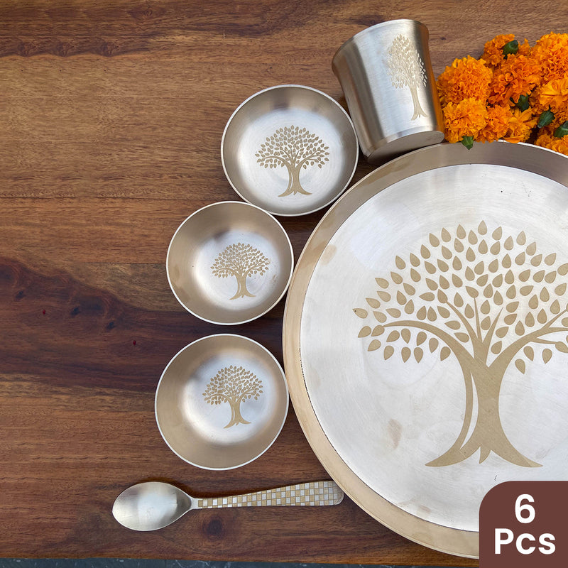 Bronze Dinner Set | Kansa Thali Set | Tree Design | Gold | 6 Pcs