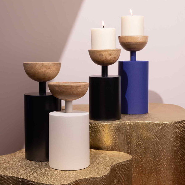 Festive Gifts | Pillar Candle Holder | Iron & Wood | Ivory & Black | Set of 2