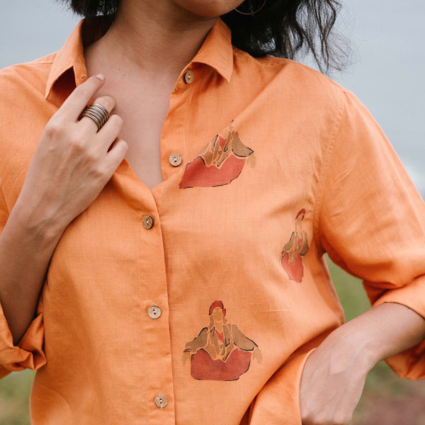 Linen Shirt For Women | Hand Painted | Deep Orange