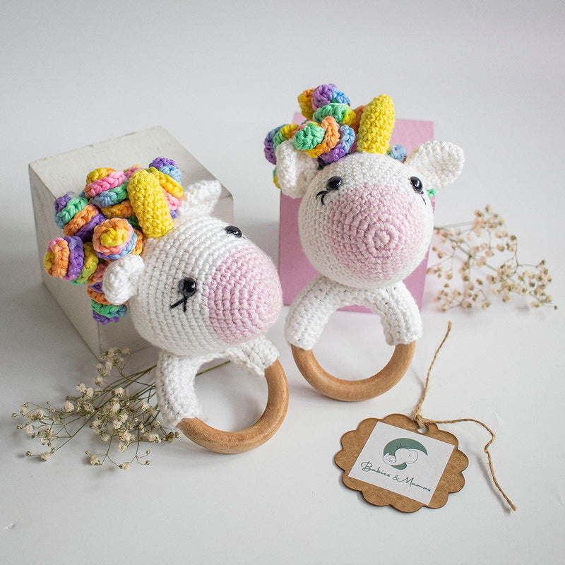 Wooden Baby Teether | Crochet Unicorn | White & Pink