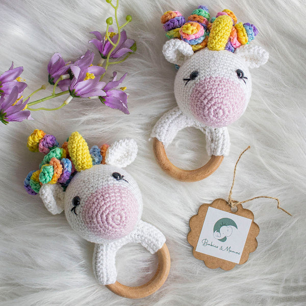 Wooden Baby Teether | Crochet Unicorn | White & Pink