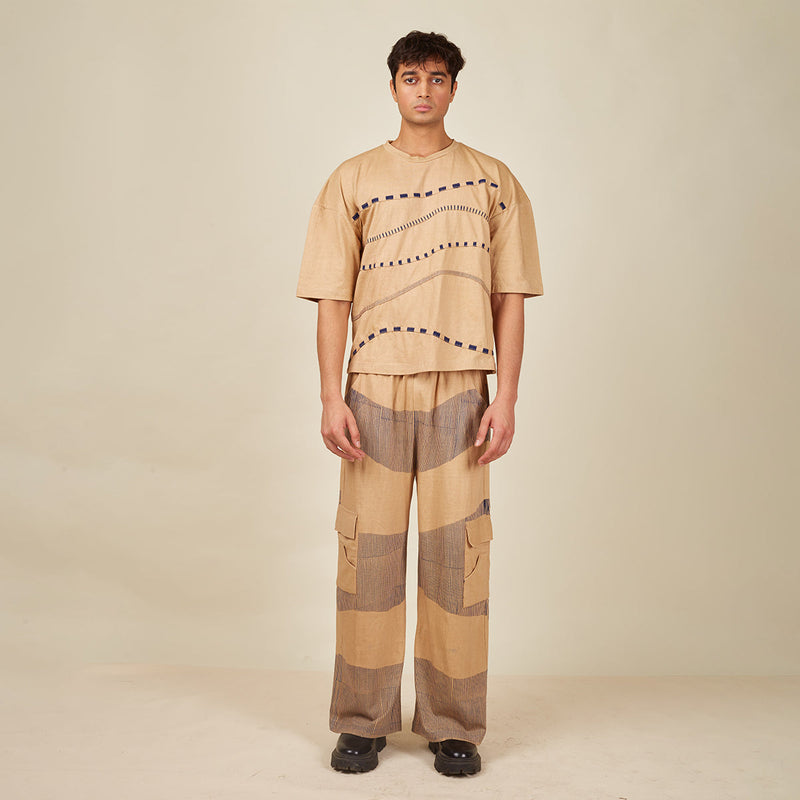 Beige T-Shirt for Men | Cotton Knit | 3D Wave Geometric Pattern