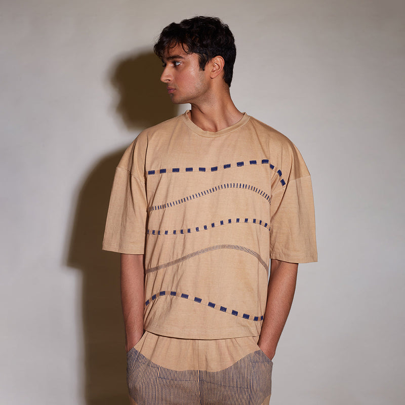 Beige T-Shirt for Men | Cotton Knit | 3D Wave Geometric Pattern