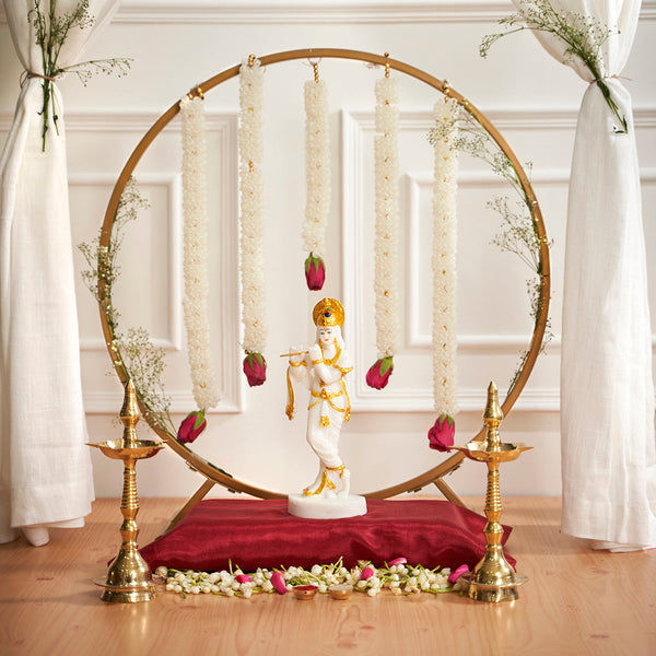 Metal Backdrop Stand for Pooja Decoration | Round Shape | Gold | 63 cm