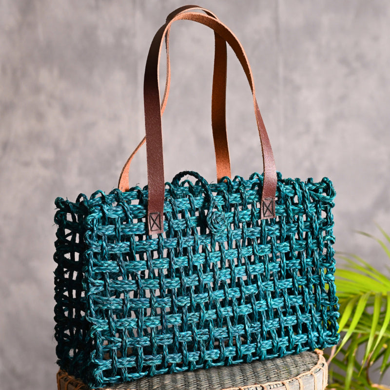 Sabai Grass Lunch Bag | Based Leather Handle | Indigo