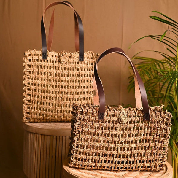 Sabai Grass Lunch Bag | Plant Based Leather Handle | Beige