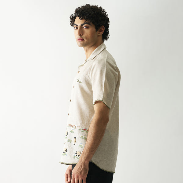 Linen Shirt for Men | Hand Embroidered | Beige | Lazy Sheep