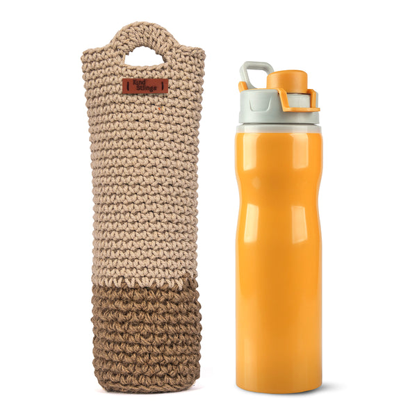 Cotton Bottle Bag with Handles | Bottle cover | White & Beige | 1 L