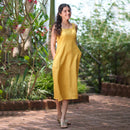 Linen Yellow Midi Dress for Women | Mid-Calf Length