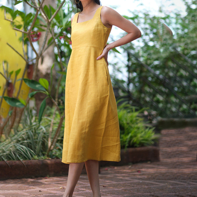 Linen Yellow Midi Dress for Women | Mid-Calf Length