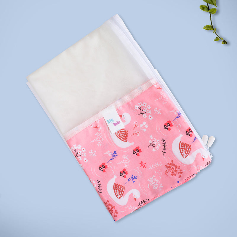 Organic Muslin Baby Hammock & Mosquito Net | Swan Design | Pink