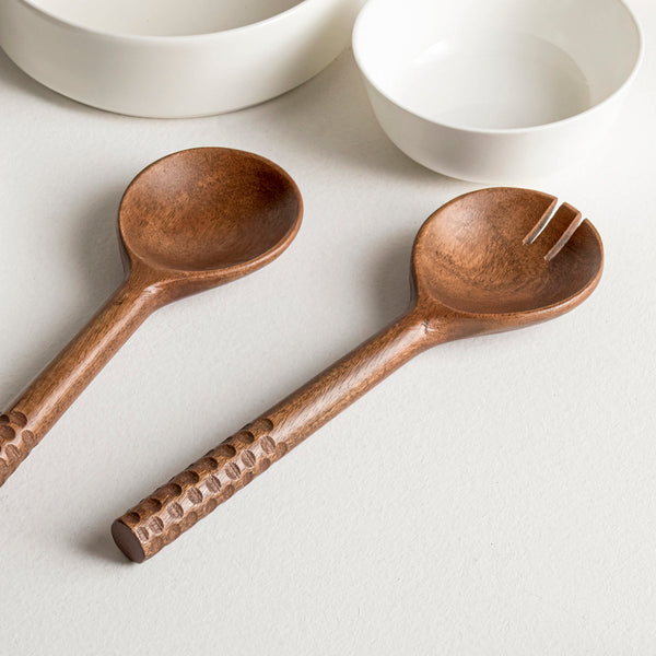 Wooden Serving Spoons | Mango Wood | Gold & Brown | 26 cm