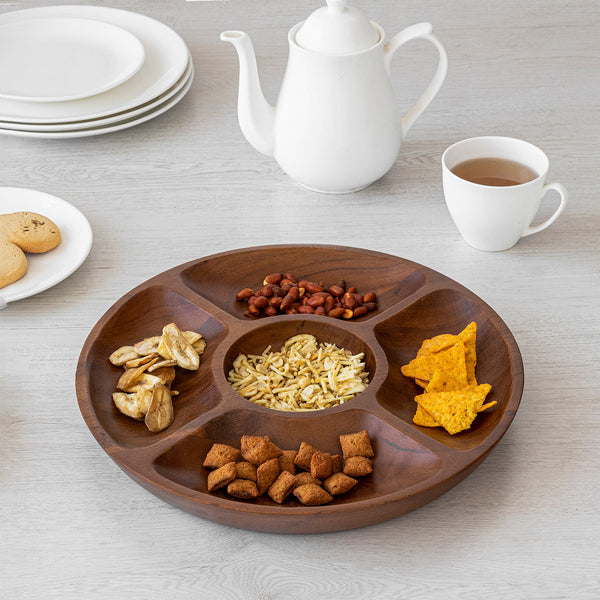 Wooden Snacks Serving Platter | 5 Compartments | Acacia Wood | Dark Brown | 33 cm