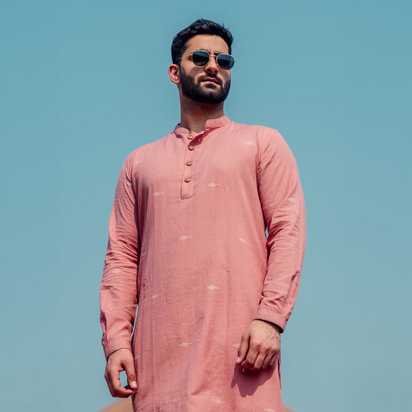 Jamdani Cotton Pink Kurta Set for Men | Kurta & Pyjama