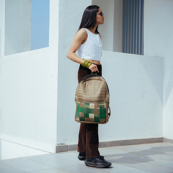 Upcycled Silk Backpack | Godhadi Patchwork | Cement Grey