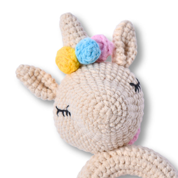 Baby Rattle Toy | Wood & Cotton | Unicorn Design | Off White | 13 cm