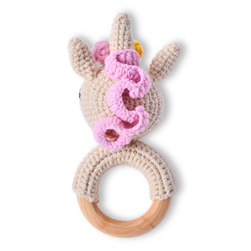 Baby Rattle Toy | Wood & Cotton | Unicorn Design | Off White | 13 cm