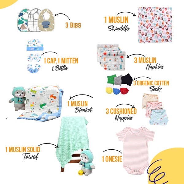 Newborn Baby Gifts | Organic Cotton Muslin Gift Hamper | Pack of 19