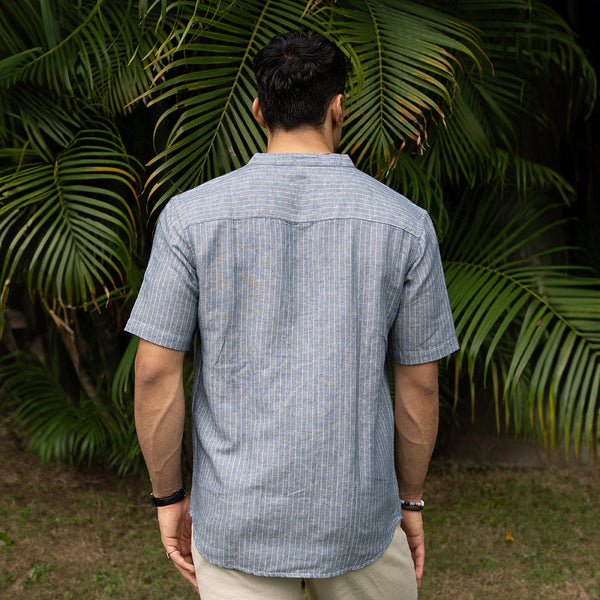Navy Blue Shirt for Men | Pure Linen | PinStriped | Full Sleeves