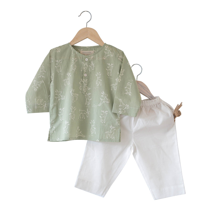 Cotton Kurta Pajama for Kids | Checkered | Green Reindeers