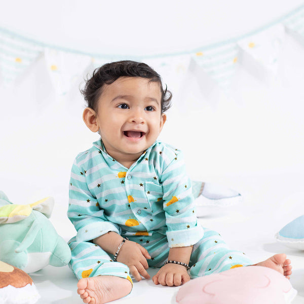 Organic Cotton Nightsuit for Babies & Kids | Skylines Print | Green