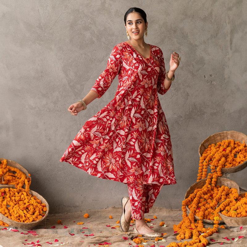 Cotton Anarkali Kurti for Women | Floral Print | Block Printed | Red