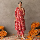 Cotton Anarkali Kurti for Women | Floral Print | Block Printed | Red
