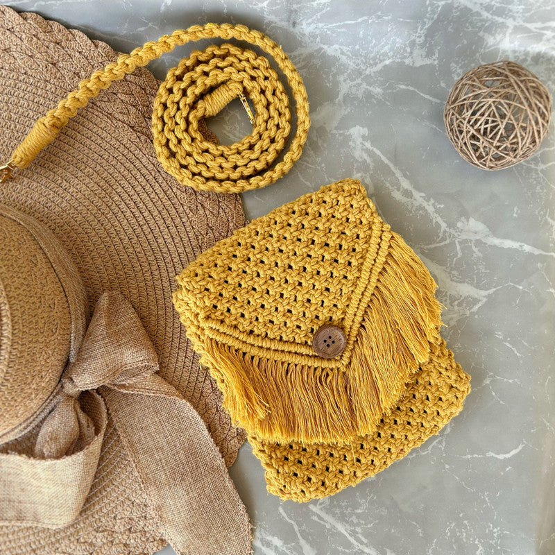 Cotton Macrame Sling Bag | Mustard
