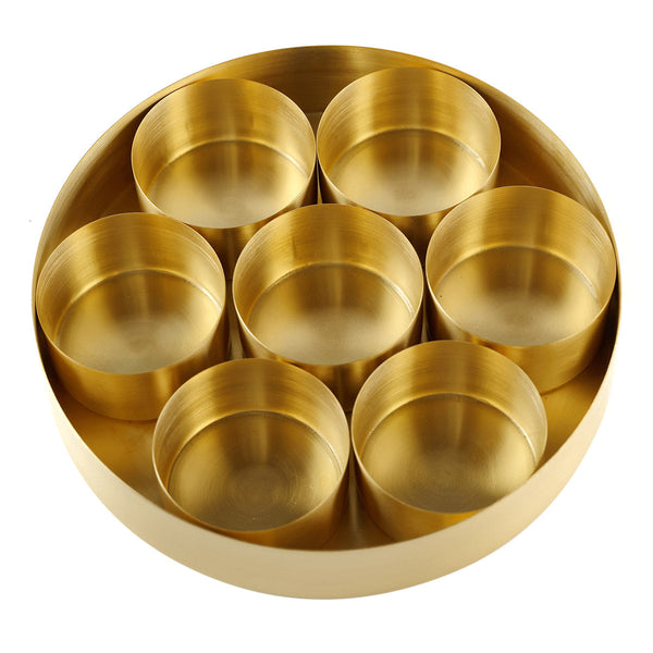Brass Masala Box with Lid | 7 Containers | Golden | 21 cm