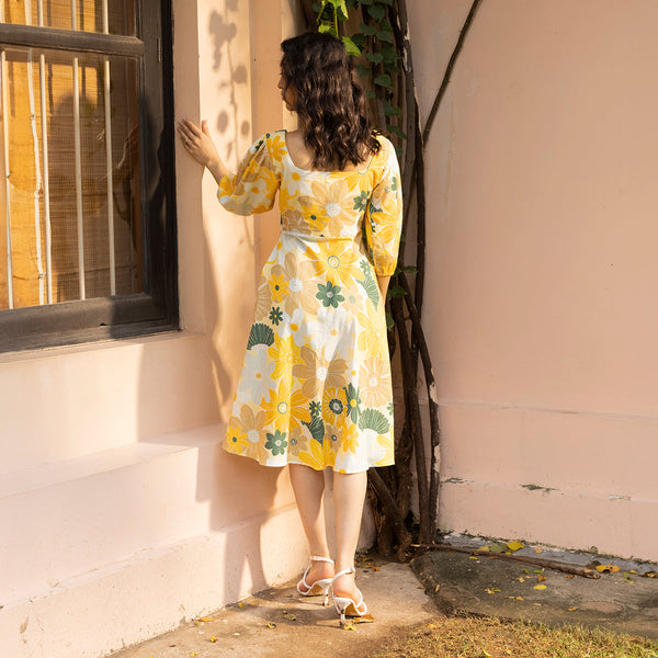 Organic Cotton Floral Midi Dress for Women | Yellow