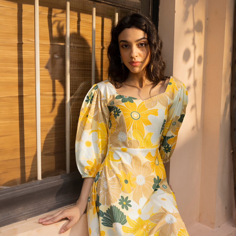 Organic Cotton Floral Midi Dress for Women | Yellow
