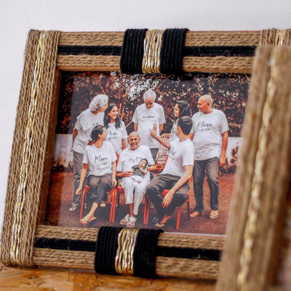 Cotton & Jute Photo Frame | Black-Gold & Brown | 25 cm