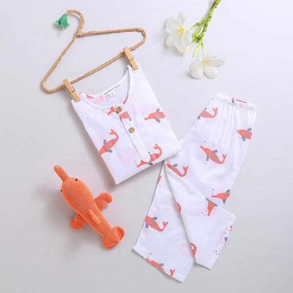 Cotton Night Suit for Kids & Dolphin Soft Toy | Peach