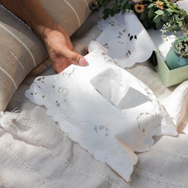 Cotton Tray Matt & Tissue Box Cover | Floral Design | White