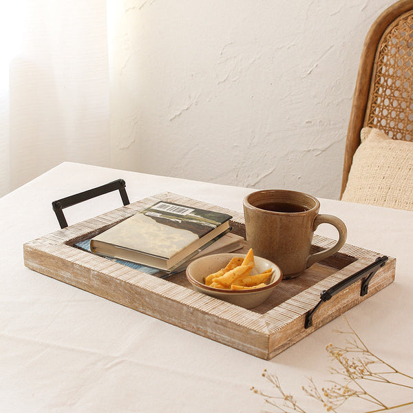 Wooden Serving Tray | Rectangle Shape | Brown & White | 38 cm