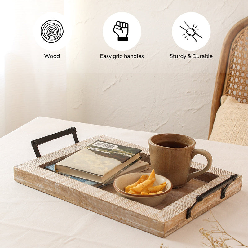 Wooden Serving Tray | Rectangle Shape | Brown & White | 38 cm