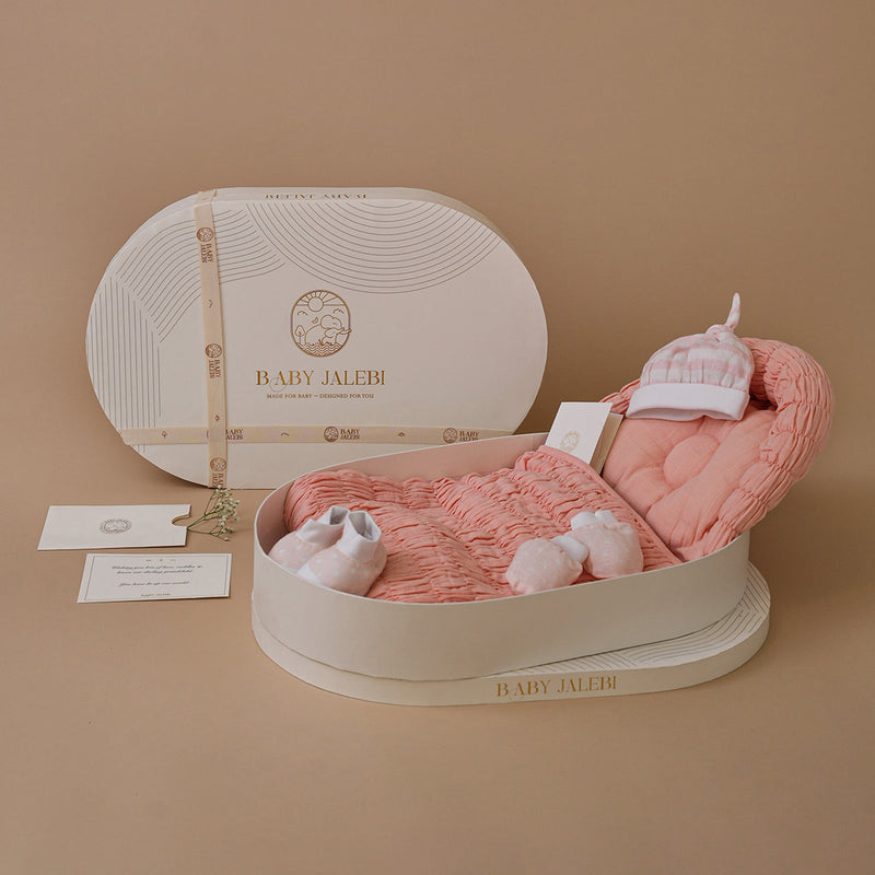 Baby Gift Set | Cap Mittens Booties Set | Baby Sleeping Bag | Floral Design & Solid | Peach | Set of 4.