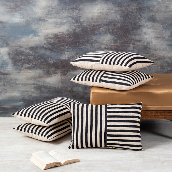 Cotton Cushion Cover | Striped | Set of 5 | Black & White | 12x18 Inch