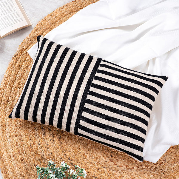 Cotton Cushion Cover | Striped | Set of 5 | Black & White | 12x18 Inch